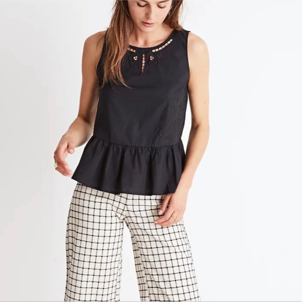 Madewell Embroidered Sleeveless Peplum Black Tank Top Small